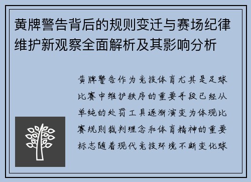 黄牌警告背后的规则变迁与赛场纪律维护新观察全面解析及其影响分析